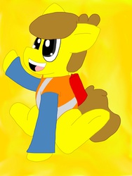 Size: 1800x2400 | Tagged: safe, artist:shinysmeargle, pony, emmet brickowski, lego, ponified, simple background, solo, the lego movie, yellow background