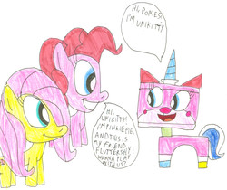 Size: 1107x929 | Tagged: safe, artist:sithvampiremaster27, fluttershy, pinkie pie, earth pony, pegasus, pony, g4, crossover, dialogue, lego, the lego movie, traditional art, unikitty