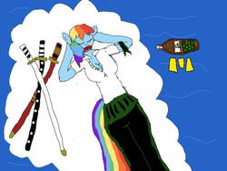 Size: 1600x1200 | Tagged: safe, artist:dee pad, rainbow dash, anthro, g4, asleep on the job, crossover, female, going merry, katana, ocean, one piece, pirate, roronoa zoro, sleeping, solo, straw hat pirates, sword, water, weapon