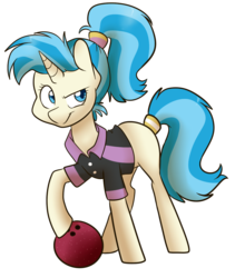 Size: 895x1062 | Tagged: safe, artist:princess-hanners, allie way, pony, unicorn, g4, bowling ball, female, mare, ponytail, simple background, solo, transparent background