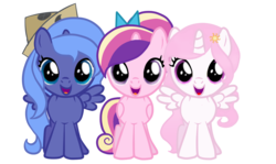 Size: 1200x715 | Tagged: safe, artist:posey-11, princess cadance, princess celestia, princess luna, g4, bow, cartographer's cap, cewestia, cute, cutedance, cutelestia, filly, foal, hairclip, hat, lunabetes, s1 luna, simple background, woona