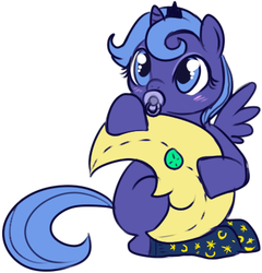 Size: 368x383 | Tagged: safe, artist:lulubell, princess luna, alicorn, pony, g4, baby, baby pony, clothes, cute, diabetes, female, filly, foal, lunabetes, moon, pacifier, plushie, s1 luna, simple background, socks, solo, weapons-grade cute, white background, woona