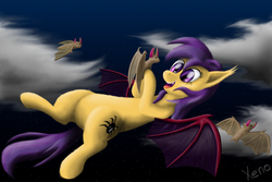 Size: 900x600 | Tagged: safe, artist:the1xeno1, oc, oc only, oc:spookie, bat, bat pony, pony, featureless crotch, solo