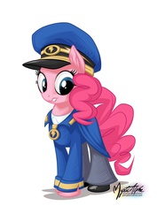 Size: 778x1100 | Tagged: safe, artist:mysticalpha, general flash, pinkie pie, g4, testing testing 1-2-3, ancient wonderbolts uniform, clothes, female, grin, hat, looking at you, smiling, solo, uniform