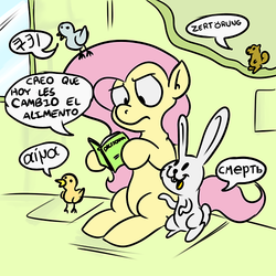 Size: 500x500 | Tagged: safe, artist:benja, fluttershy, ask ask-the-ponies, g4, animal, dictionary, german, greek, korean, misspelling, russian, spanish, translated in the comments