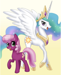 Size: 648x802 | Tagged: source needed, safe, artist:johnjoseco, cheerilee, princess celestia, g4, duo, gradient background, nicole oliver, simple background, voice actor joke