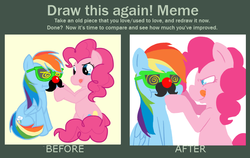 Size: 784x494 | Tagged: safe, artist:coggler, pinkie pie, rainbow dash, g4, comparison, draw this again, glasses, groucho mask, mousdash, moustache, red nose