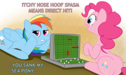 Size: 1500x900 | Tagged: safe, artist:nuclearsuplexattack, pinkie pie, rainbow dash, g4, battleship, duo, game, implied seapony