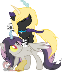 Size: 800x929 | Tagged: safe, artist:ipandacakes, oc, oc only, oc:dusky, oc:grawr, hybrid, interspecies offspring, offspring, parent:discord, parent:princess celestia, parents:dislestia, wat