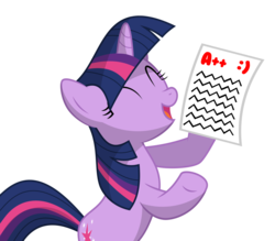 Size: 1611x1409 | Tagged: safe, artist:flare-chaser, twilight sparkle, pony, g4, magical mystery cure, a++, adorkable, bipedal, cute, dork, eyes closed, grades, happy, hoof hold, open mouth, simple background, smiling, test paper, transparent background, vector