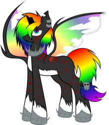 Size: 4990x5692 | Tagged: safe, artist:puncakecity, artist:whitenoiseghost, oc, oc only, oc:rainbow deathblood, alicorn, pony, .svg available, absurd resolution, alicorn oc, broken horn, chains, donut steel, emo, frown, horn, joke oc, scar, simple background, skull, solo, spikes, spread wings, tail wrap, torn wings, transparent background, vector