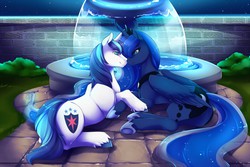 Size: 1280x853 | Tagged: safe, artist:spazzykoneko, princess luna, shining armor, alicorn, pony, unicorn, g4, bedroom eyes, boop, cuddling, duo, eye contact, female, fountain, holding hooves, horn, horns are touching, infidelity, infidelity armor, male, night, noseboop, nuzzling, on side, prone, ship:shiningluna, shipping, smiling, snuggling, stallion, straight, unshorn fetlocks