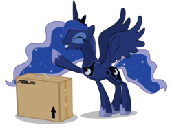 Size: 2203x1631 | Tagged: safe, artist:flare-chaser, princess luna, alicorn, pony, gamer luna, g4, asus, box, cardboard box, computer, eyes closed, female, grin, happy, jewelry, mare, pc, regalia, simple background, smiling, solo, spread wings, transparent background, vector, wings