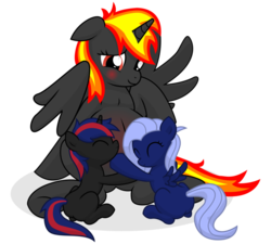 Size: 942x848 | Tagged: safe, artist:xniclord789x, oc, oc only, oc:midnight flare, alicorn, pegasus, pony, alicorn oc, belly, belly blush, belly hug, big belly, blushing, cute, floppy ears, hug, ocbetes, pregnant, simple background, transparent background