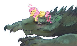 Size: 1280x768 | Tagged: safe, artist:naminzo, fluttershy, kaiju, g4, blank flank, blushing, crossover, crying, duo, eyes closed, godzilla, godzilla (series), godzillashy, happy, heart, prone, smiling