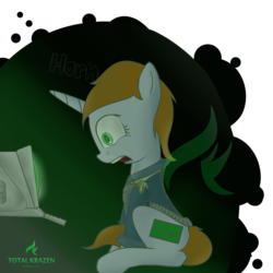 Size: 2000x2000 | Tagged: safe, artist:allyster-black, oc, oc only, oc:littlepip, pony, unicorn, fallout equestria, clothes, excited, fanfic, fanfic art, female, high res, high-on-drugs, hooves, horn, jumpsuit, mare, open mouth, shocked, solo, teeth, terminal, vault suit
