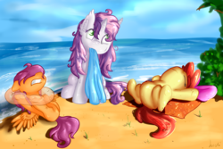 Size: 1345x897 | Tagged: safe, artist:baldmoose, apple bloom, scootaloo, sweetie belle, pegasus, pony, unicorn, g4, beach, butt, cutie mark crusaders, female, filly, foal, mouth hold, plot, towel, water