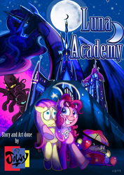 Size: 2480x3508 | Tagged: safe, artist:jowyb, fluttershy, pinkie pie, princess luna, g4, cover, grin, high res, luna academy, scared