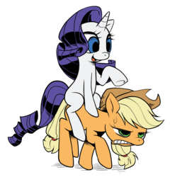 Size: 791x823 | Tagged: safe, artist:k-nattoh, applejack, rarity, g4, blank flank, ponies riding ponies, rarity riding applejack, riding