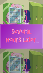 Size: 1280x2160 | Tagged: safe, screencap, twilight sparkle, equestria girls, g4, caption, determined, evening, female, pink text, solo, vending machine, waiting