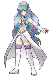 Size: 1162x1802 | Tagged: safe, artist:kianamai, princess celestia, human, g4, boots, choker, clothes, cropped, crossover, evening gloves, female, hair over one eye, high heel boots, humanized, looking at you, poké ball, pokémon, shoes, shorts, smiling, solo, style emulation, thigh boots, thigh highs