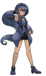 Size: 1027x1673 | Tagged: safe, artist:kianamai, princess luna, human, g4, clothes, cropped, crossover, female, humanized, looking at you, poké ball, pokémon, ponytail, simple background, skirt, solo, style emulation