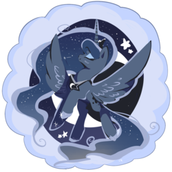 Size: 1200x1200 | Tagged: safe, artist:clockworkquartet, princess luna, alicorn, pony, g4, cute, eyes closed, female, lunabetes, mare, profile, simple background, solo, spread wings, stars, transparent background, wings