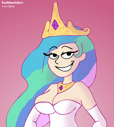 Size: 3544x3944 | Tagged: safe, artist:scobionicle99, princess celestia, human, g4, breasts, busty princess celestia, cleavage, female, grin, high res, humanized, looking at you, solo
