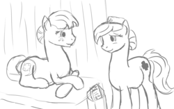 Size: 1125x708 | Tagged: safe, artist:patch, nurse redheart, nurse sweetheart, earth pony, pony, g4, bed, belly, freckles, hospital, monochrome, pregnant, prone, sketch, smiling