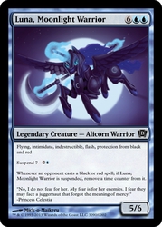 Size: 400x560 | Tagged: safe, artist:mick-o-maikeru, princess luna, g4, angry, armor, axe, female, flying, levitation, magic, magic the gathering, moon, night, solo, stars, trading card, warrior luna, weapon