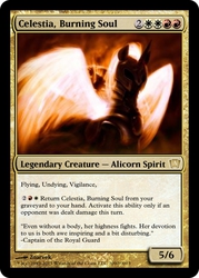 Size: 400x560 | Tagged: safe, artist:zoarvek, nightmare star, princess celestia, g4, armor, card, dark, fire, glowing, magic, magic the gathering, spread wings, warrior celestia