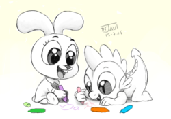 Size: 500x350 | Tagged: safe, artist:drjavi, spike, dragon, rabbit, g4, anais watterson, crayon, crossover, cute, drawing, markers, the amazing world of gumball, traditional art