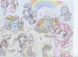 Size: 900x654 | Tagged: safe, artist:vokaloidrinchanfan, fluttershy, pinkie pie, rainbow dash, rarity, spike, g4, crossover, heavy (tf2), medic, medic (tf2), pyro (tf2), rocket jump, scout (tf2), soldier, soldier (tf2), spy, spy (tf2), team fortress 2, traditional art