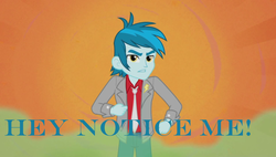 Size: 1920x1088 | Tagged: safe, edit, screencap, thunderbass, equestria girls, g4, my little pony equestria girls: rainbow rocks, background human, blue text, image macro, male, meme, solo