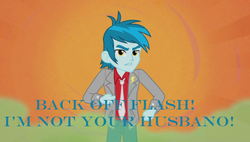 Size: 1920x1088 | Tagged: safe, screencap, thunderbass, equestria girls, g4, my little pony equestria girls: rainbow rocks, background human, blue text, image macro, male, meme, solo