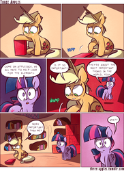 Size: 944x1294 | Tagged: safe, artist:capnpea, artist:kefkafloyd, applejack, twilight sparkle, alicorn, earth pony, pony, comic:three apples, g4, comic, duo, duo female, female, golden oaks library, mare, no pupils, sitting, twilight sparkle (alicorn)