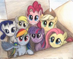 Size: 994x804 | Tagged: safe, artist:thefriendlyelephant, applejack, derpy hooves, fluttershy, pinkie pie, rainbow dash, rarity, twilight sparkle, earth pony, pegasus, pony, unicorn, g4, :i, alternate mane seven, box, c:, cute, female, grin, hnnng, looking at you, mane six, mare, pony in a box, smiling, squee, traditional art, unicorn twilight, weapons-grade cute