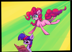 Size: 1400x1000 | Tagged: safe, artist:senx, pinkie pie, twilight sparkle, g4, book