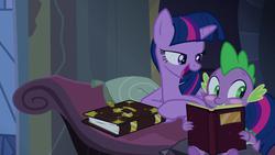 Size: 1920x1080 | Tagged: safe, screencap, spike, twilight sparkle, alicorn, pony, castle mane-ia, g4, my little pony: friendship is magic, blushing, book, female, mare, twilight sparkle (alicorn)