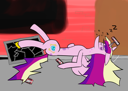 Size: 2100x1500 | Tagged: safe, artist:gustav tremendous, princess cadance, g4, 4loko, drunk, drunk cadance, passed out