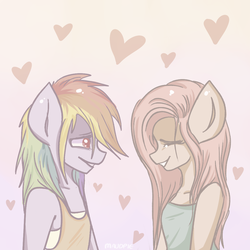 Size: 1100x1100 | Tagged: safe, artist:lullalay, fluttershy, rainbow dash, anthro, g4, clothes, female, lesbian, ship:flutterdash, shipping, tank top