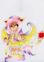 Size: 1024x1446 | Tagged: safe, artist:mizuki-yorudan, fluttershy, human, g4, eared humanization, fangs, female, flutterbat, humanized, simple background, solo, species swap, traditional art, white background, winged humanization