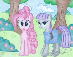 Size: 3248x2512 | Tagged: safe, artist:jackie00liza, maud pie, pinkie pie, g4, clothes, cloud, cloudy, cute, dress, flower, happy, high res, open mouth, smiling, traditional art, tree, when she smiles