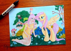 Size: 799x578 | Tagged: safe, artist:letquestria, artist:ltiachan, fluttershy, human, g4, duality, female, fluttershy's cottage, human ponidox, humanized, promarker, solo, traditional art