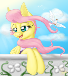 Size: 719x800 | Tagged: safe, artist:unisoleil, fluttershy, bird, the count of monte rainbow, g4, balcony, clothes, everyday a little death, female, mercedes, open mouth, shycedes, singing, solo, the count of monte cristo