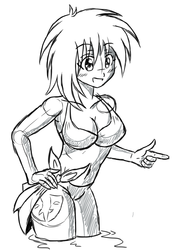 Size: 1056x1508 | Tagged: safe, artist:ruhisu, oc, oc only, oc:amber drop, human, belly button, bikini, cleavage, clothes, commission, cutie mark, female, gift art, humanized, monochrome, pointing, short hair, smiling, solo, standing, summer, swimsuit, water