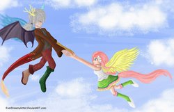 Size: 1024x659 | Tagged: safe, artist:everdreamyartist, discord, fluttershy, equestria girls, g4, clothes, flying, horn, horned humanization, humanized, skirt, tailed humanization, tank top, winged humanization
