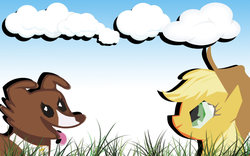 Size: 1600x1000 | Tagged: safe, artist:ivanthebrony, applejack, winona, g4, cloud, cloudy, simple background, wallpaper