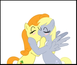 Size: 3189x2733 | Tagged: safe, artist:e-guardias, carrot top, derpy hooves, golden harvest, pegasus, pony, g4, blushing, female, high res, kissing, lesbian, mare, ship:derpytop, shipping, simple background, white background