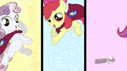 Size: 400x224 | Tagged: safe, artist:mostazathy, edit, edited screencap, screencap, apple bloom, scootaloo, sweetie belle, oc, oc:anon, earth pony, human, pegasus, pony, unicorn, g4, animated, cape, clothes, cutie mark crusaders, gif, hub logo, logo, looking at you, open mouth, smiling, surprised, the hub